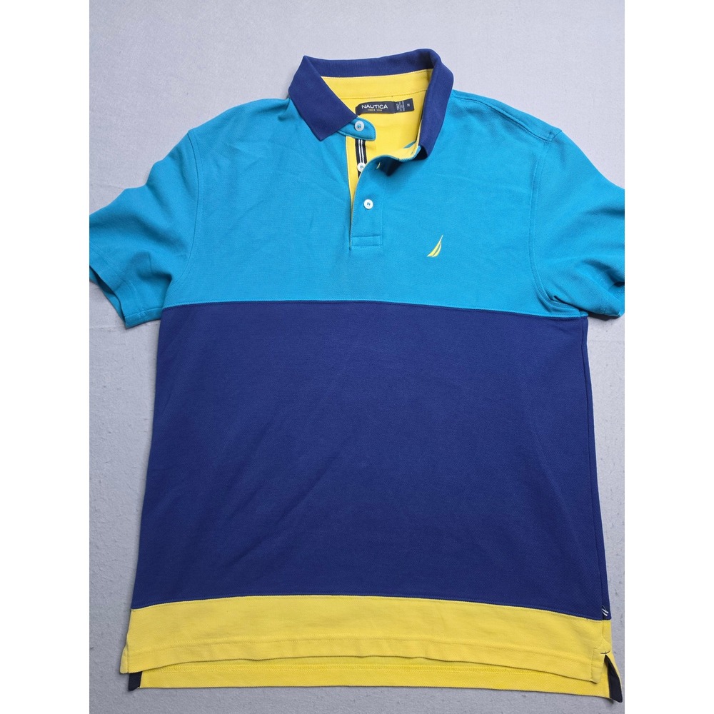 Nautica Polo Shirt Men's Medium Navy Blue Colorblock Cotton Golf Resortwear